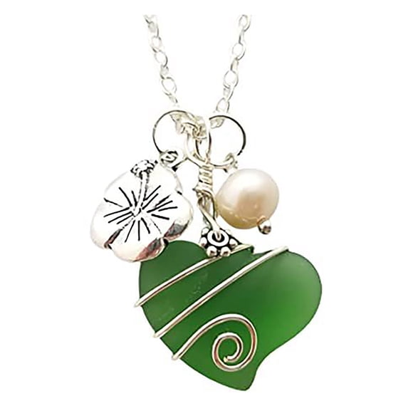 MKHSQHDG Today's Deals Handmade Sea Glass Necklace Wire Heart Necklace Charm and Pearl Necklace Sea Glass Jewelry Birthday For