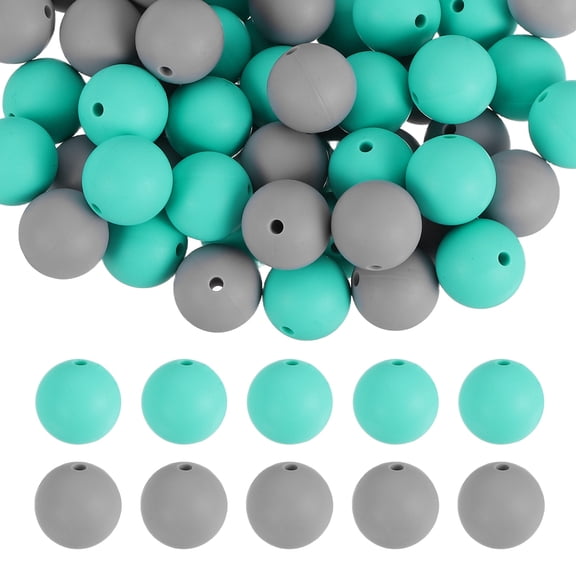 60 Pcs Silicone Beads, 15mm Round Bulk Silicone Focal Bead for Keychain Making DIY Bracelet Necklace Pens Crafts Jewelry Making (Grindstone Gray/Sky Blue)