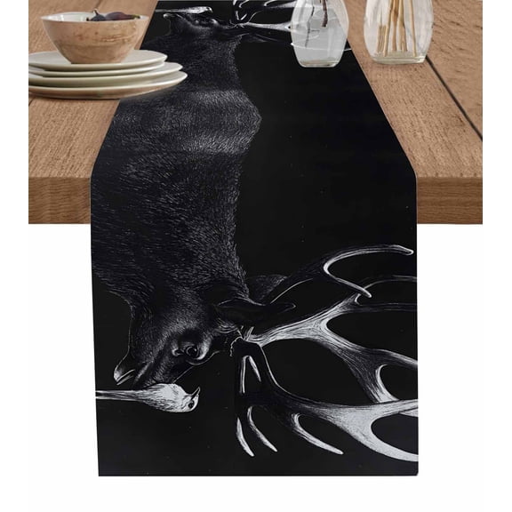 Black Deer Bird Burlap Cotton Table Runner 13x36 Inches Short, Retro Modern Silhouette Wildlife Farmhouse Table Runners, Outdoor Dining Tablecloths Decor for Baby Shower/Party/Wedding