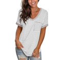 thumbnail image 1 of DPTALR Women's Casual V-Neck Solid Color Striped Pocket Hundred Short Sleeve Tops, 1 of 6