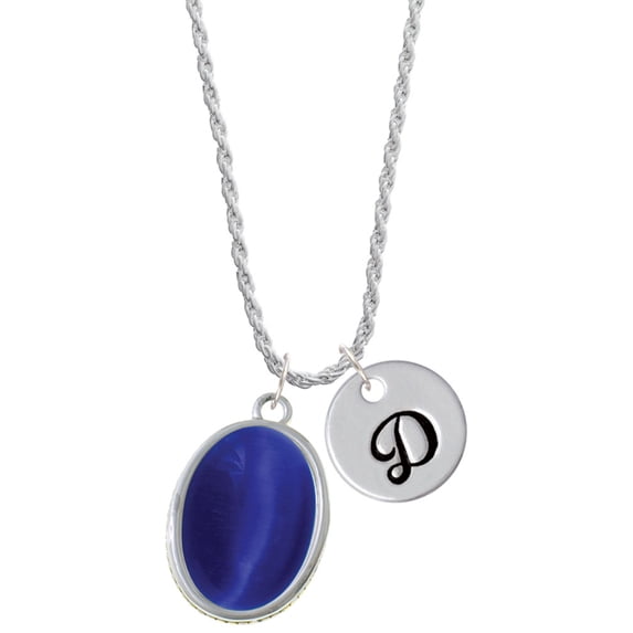 Delight Jewelry Silvertone Oval - Imitation Cat's Eye - Blue - Silvertone Script Initial Disc - D - Charm Necklace, 20"+3"