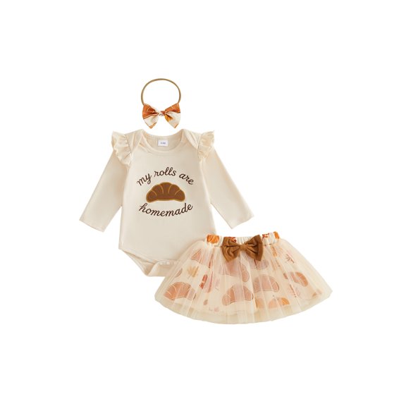 RUINIXCW My Rolls Are Homemade Newborn Baby Girl Thanksgiving Outfit Infant Baby Girls Fall Winter Clothes Long Sleeve Romper and Tulle Skirts Headband Set