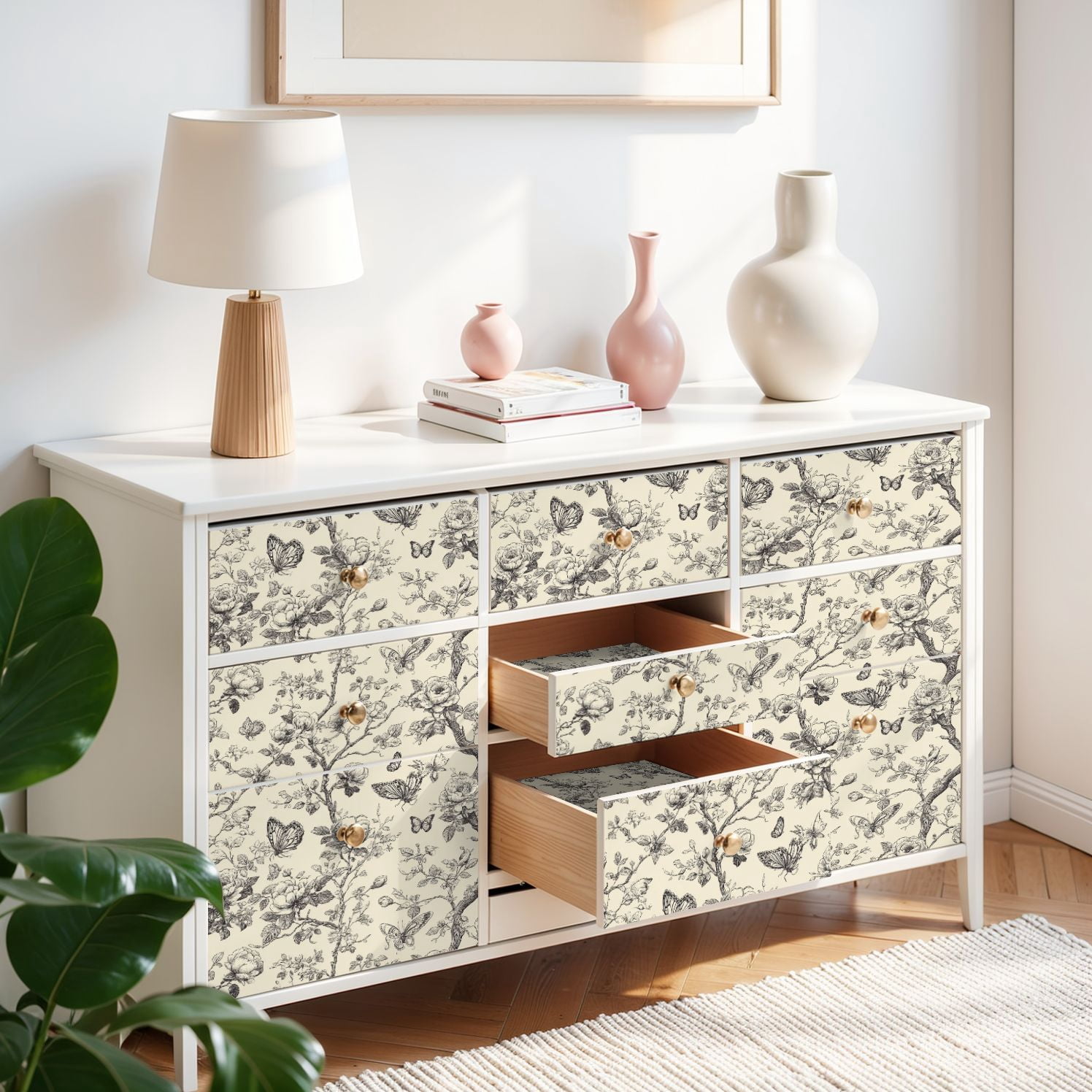 Peel and Stick Wallpaper Vintage Floral Butterfly Botanical Monochrome Line Art 17.7in x 118in Contact Paper Removable Self Adhesive Wall Mural Wall Decor for Bedroom Kitchen Cabinets