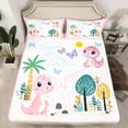 thumbnail image 2 of Homewish Cute Pink Dinosaur 4 Pieces Queen Sheet Sets for Boys Girls,Dreamy Princess Ultra Soft Flat Sheet,Cartoon Animal Dino Queen Fitted Sheet,Ultra Soft Home Decor, 2 of 7