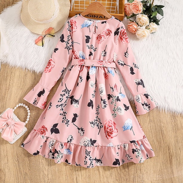 Rovga Girls Summer Dresses Girls Long Sleeve Floral Prints Fall And Winter  Dance Party Dresses Clothes Red Cute Girls Clothes 9-10 Years