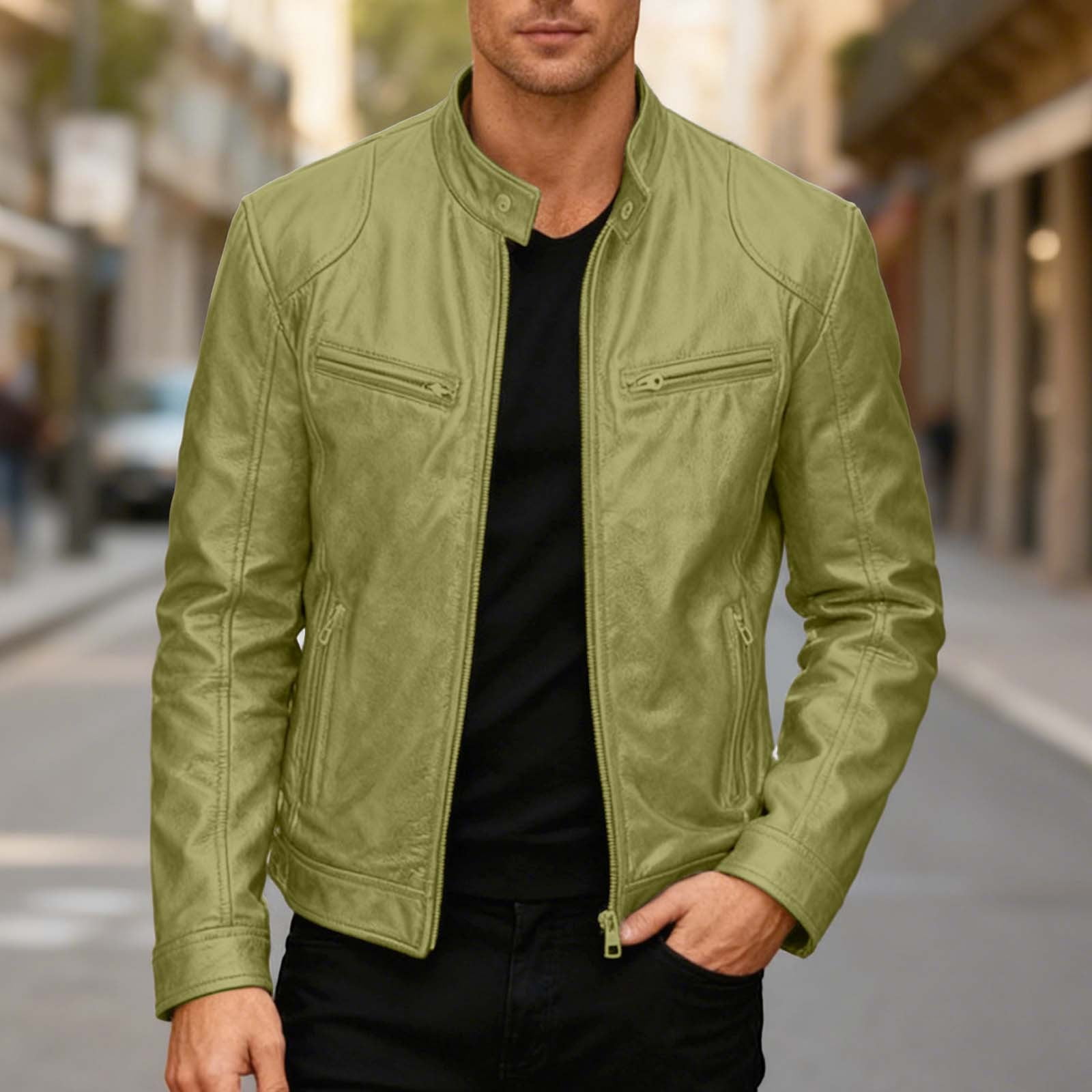 Wuxian Men Punk Leather Jacket Stand Collar Full Zip Up Business Oversized Long Sleeve Casual Cozy Windproof Stylish Streetwear,Green,S