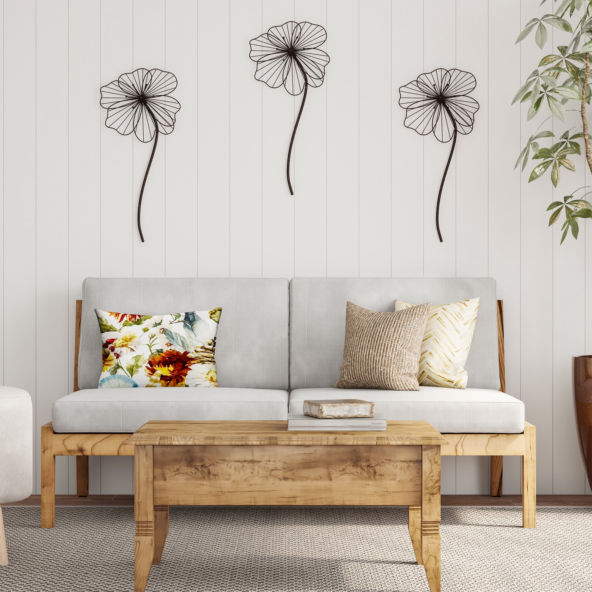 Wall Decor-Rustic Metal Wire Stemmed Flower Sculpture Hanging Accent Art for Living Room, Bedroom or Kitchen by Lavish Home (Brown)