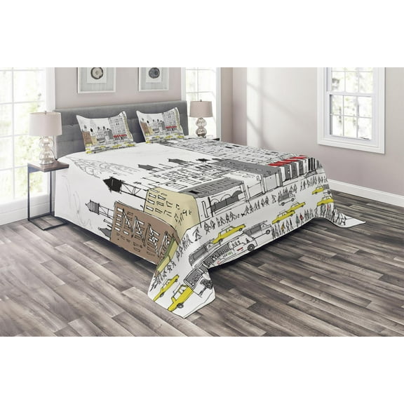Ambesonne City Love Quilted Coverlet 3 Pcs, Busy City Traffic Jam, Queen Size, Multicolor