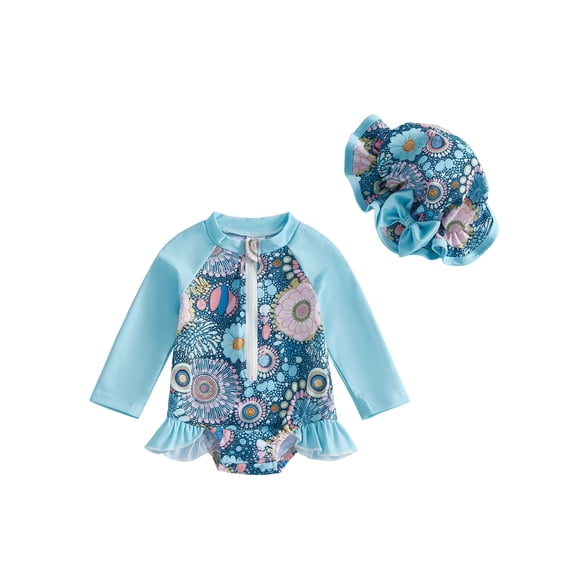 BemeyourBBs Infant Baby Girl Swimsuit Infant Bathing Suit One-Piece Swimsuits with Sun Hat Set Long Sleeve Rash Guard Swimwear Floral Zipper Summer Beach Wear