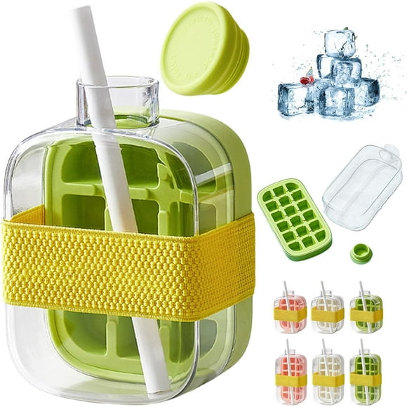 Ice Cube Bottle, Ice Cube Bottle Press Mold Cup with Straws and Lid, 2 in 1 Touch Free Ice Cube Tray Water Bottle, Perfect for Coffee, Juice and Beverages (Green, 500ml)