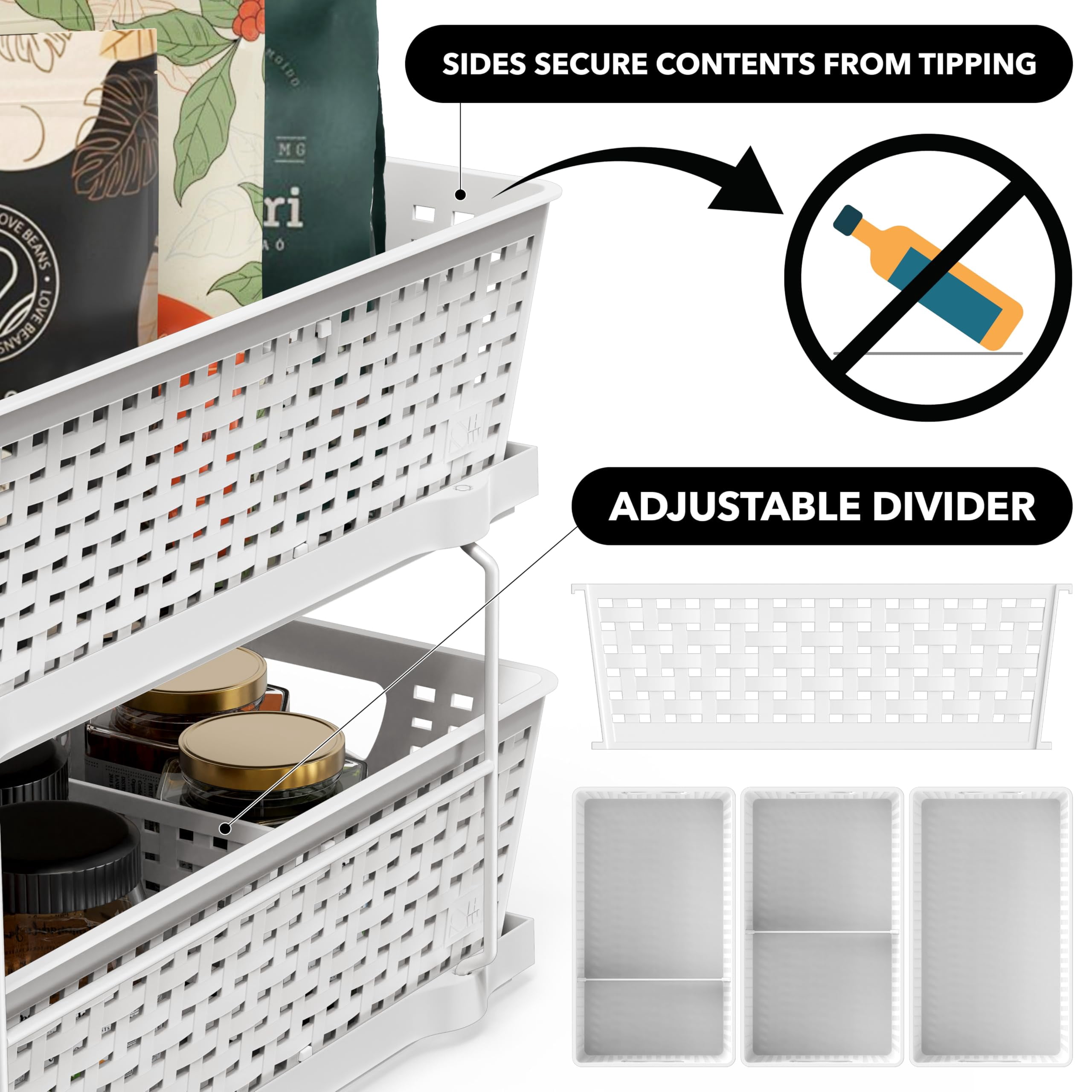 2 Tier Bathroom Organizer Tray Pull-out Sliding Drawer  Under Sink Storage White