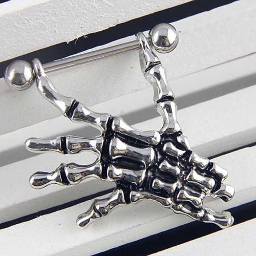 Ayyufe 14G Skeleton Skull Hand Bar Barbell Nipple Shield Ring Punk Body Piercing