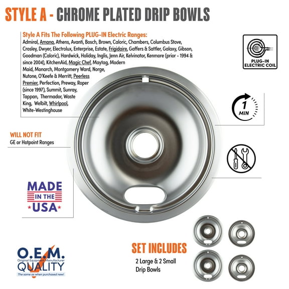 Range Kleen 12564XH Style A Chrome Plated Electric Range Drip Bowls - 4 Pack - 2 Small and 2 Large