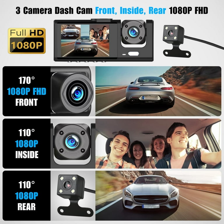 Dash Cam Front and Rear, TSV 3 Channel Dual Dash Camera, 1080P Car Camera  DVR Backup Cam, 3 Way Triple Dashboard Driving Recorder, Inside IR Night