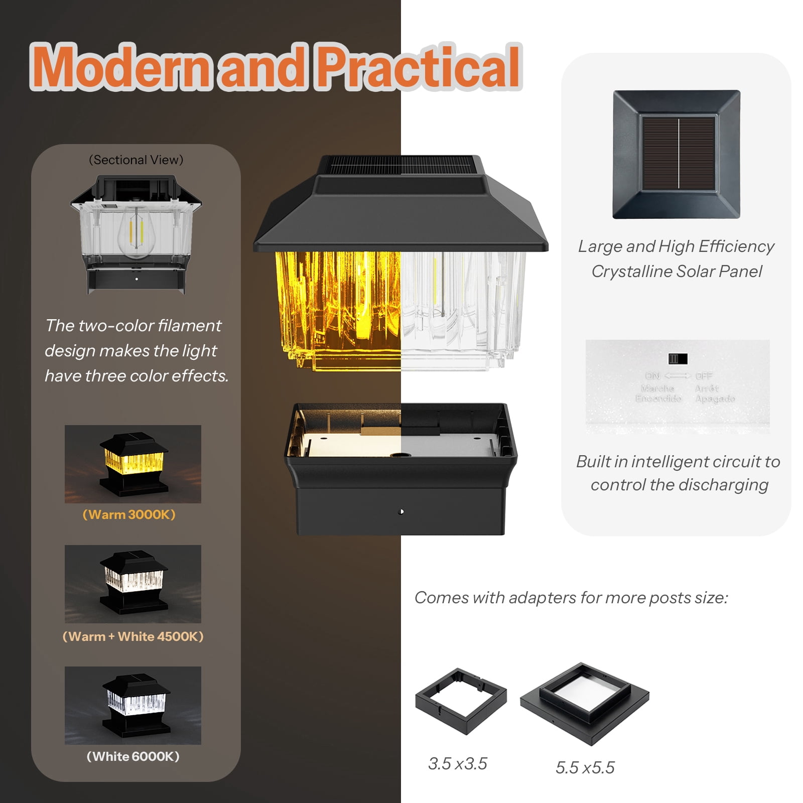 Involux LED Solar Powered Post Light Outdoor, Single Modern Deck Fence Cap Light for 4x4 6x6 Posts Waterproof 50 Lumen 3 Modes 1 Pack Black Mailbox Address Sign Post Light IL0111-08