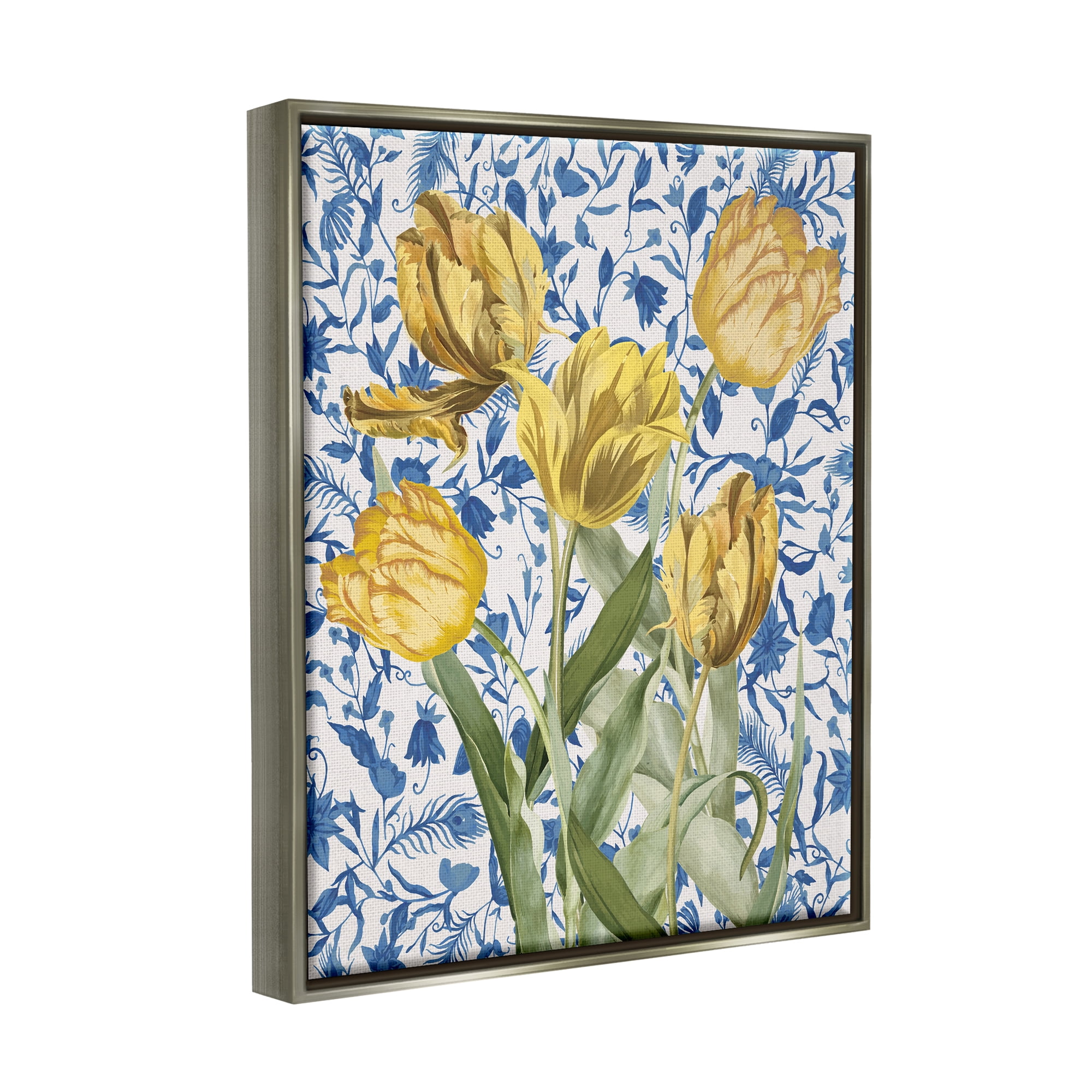 Stupell Industries Tulips on Blue Toile Botanical & Floral Painting Gray Floater Framed Canvas Art Print Wall Art, 25 x 31