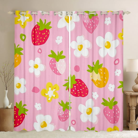 Manfei Strawberry Child Black Out Curtains, Cartoon Fruit Print Curtains Pack of 2 (42x63 Each), Pink Blossoms Floral Bedroom Curtains, Curtains and Drapes Room Decor