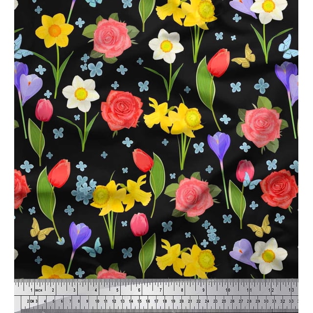 Soimoi Poly Georgette Fabric Daffodil,Tulip & Rose Floral Printed Fabric 1 Yard 52 Inch Wide