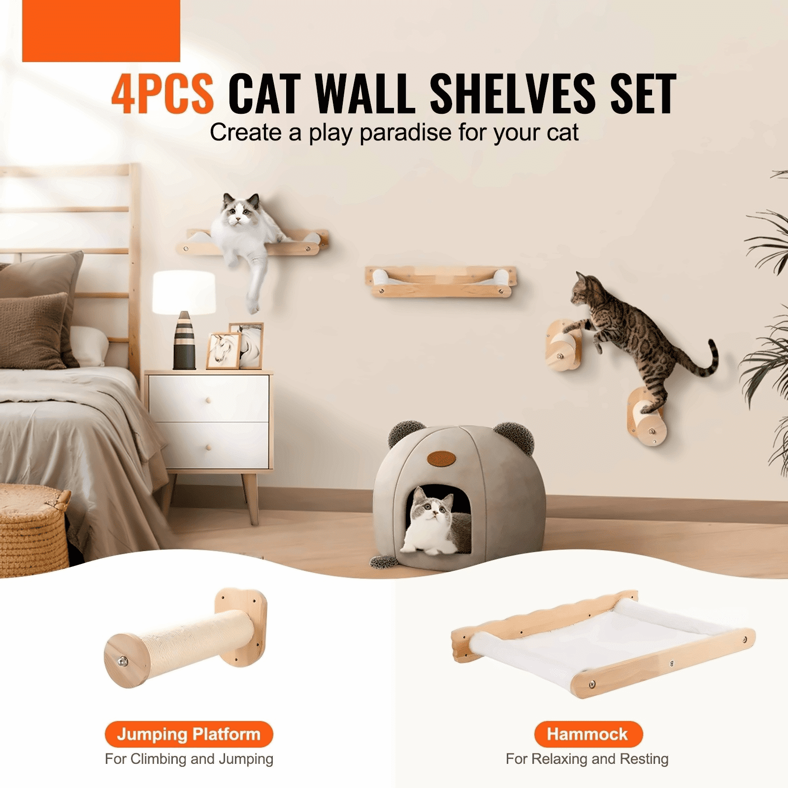 Wall Mounted Cat Shelves, Cat Wall Furniture with 2 Hammocks & Posts