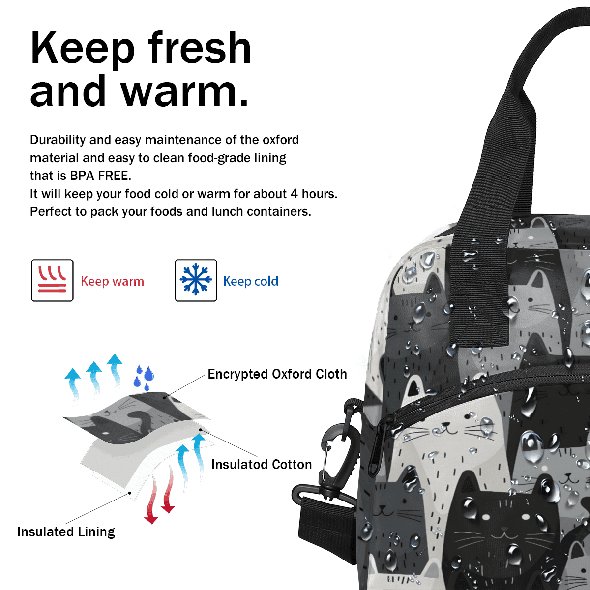 Herdesigns Cat Insulated Lunch Bag for Women Men Adults Large Reusable Lunch Box Gray White Black Cat Leakproof Cooler Tote Bags with Adjustable Shoulder Strap