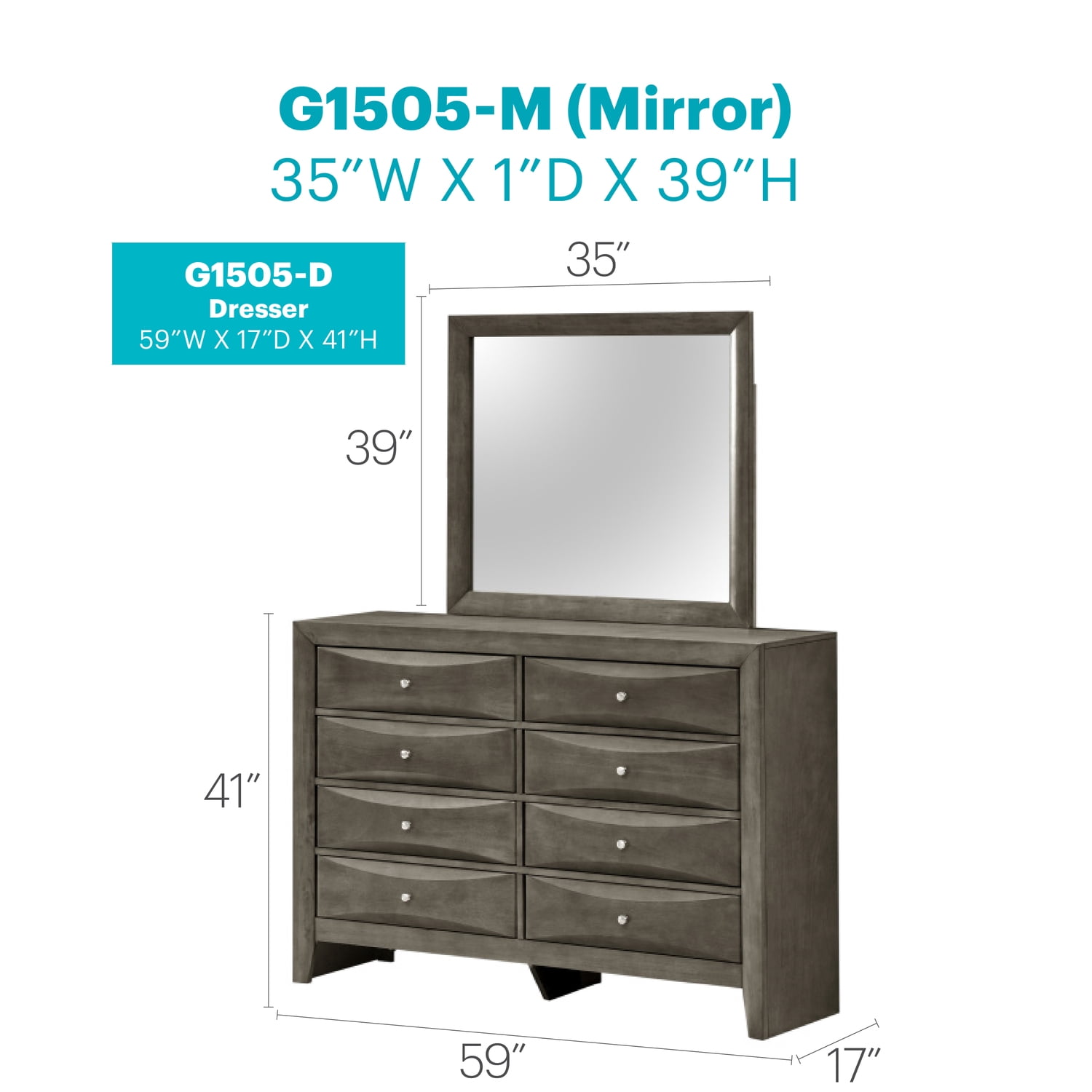 Glory Furniture Marilla 8-Drawers Bedroom Dresser in Gray