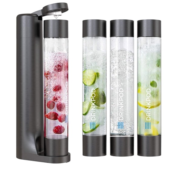 Fizzpod Máquina para hacer agua con gas, máquina para hacer refrescos con frutas infundidas, para carbonatar con botella de carbonatación de 1 litro, máquina para hacer agua con gas Seltzer, incluye 3