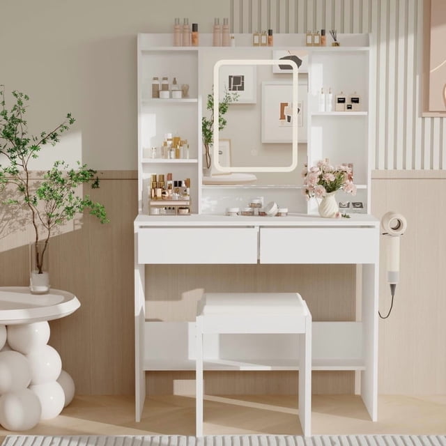 TROPOW Vanity Desk with Mirror and Lights,for Bedroom,Adjustable 3 Colour Lights Modes,Includes Padded Stool,Makeup Table Set with Hidden Storage Shelves,USB Outlets,Hairdryer Holder,White
