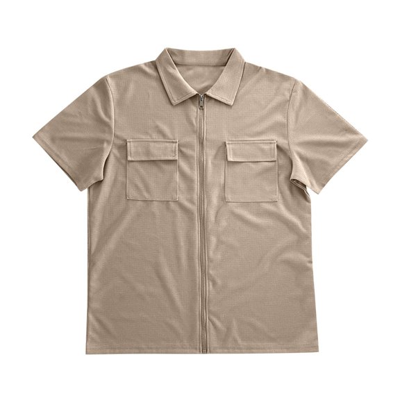 Mens Full Zipp Short Sleeve Shirt Summer Stretch Business Shirts Khaki XL