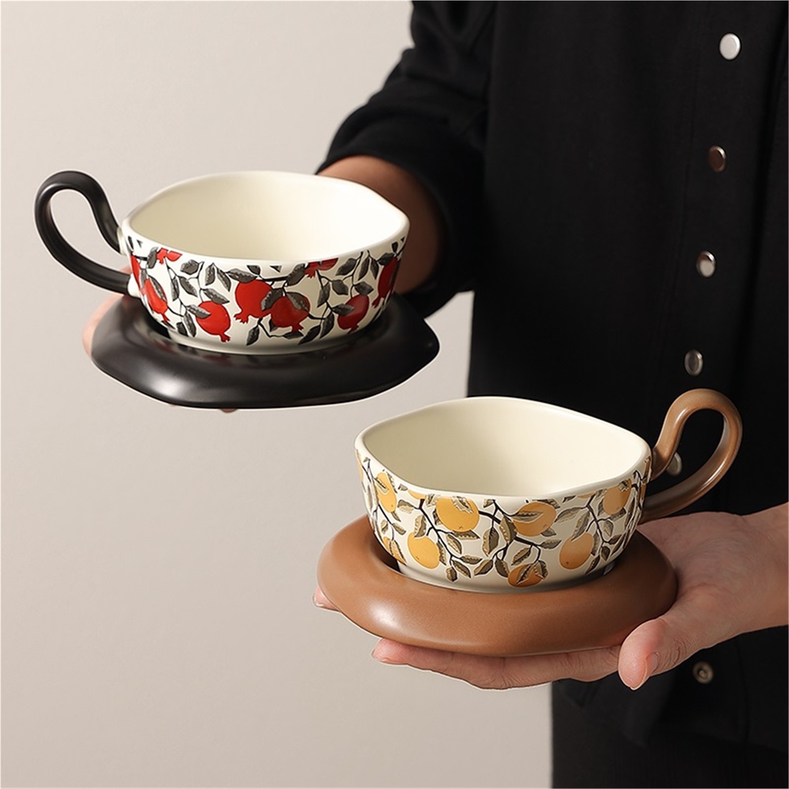 8.1oz Ceramic Coffee Mug with Saucer Set, Vintage Ceramic Latte Art Mug for Espresso, Milk, Americano