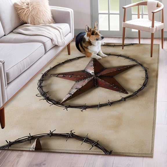 Farmhouse Vintage Area Rug 4x6 Washable Rug Non Slip Brown Country Western Star Art Large Area Rug Indoor Floor Carpet for Entryway Bedroom Kitchen Living Room Home Office Dining Room Nursery