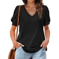 thumbnail image 2 of Blusa de manga corta Ticfox color puro con cuello de TV y manga abullonada para mujer, 2 of 5