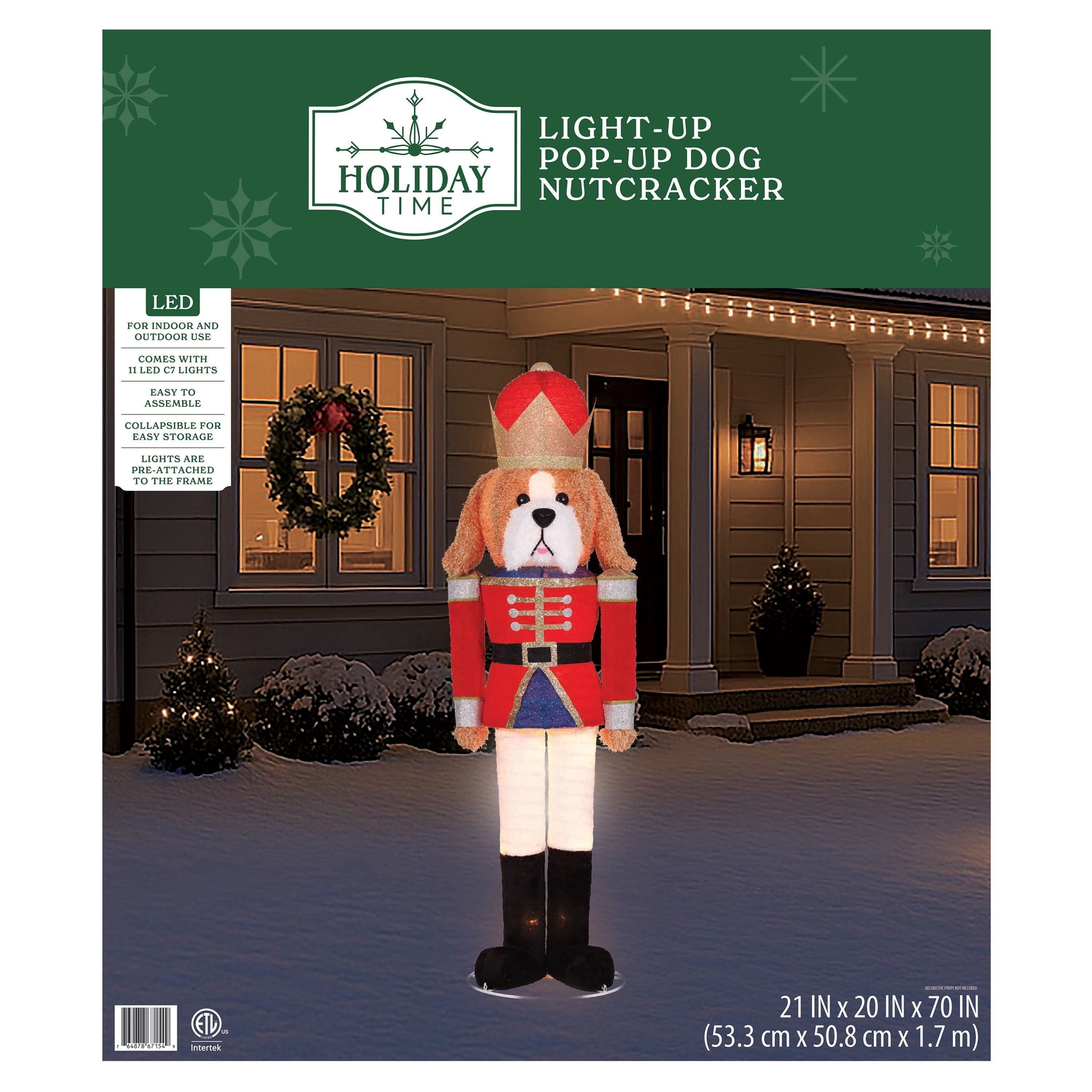 Indoor/Outdoor Light-Up Pop-Up Plush Dog Nutcracker Christmas Decoration with 11 LED Lights, Warm White, 70", by Holiday Time