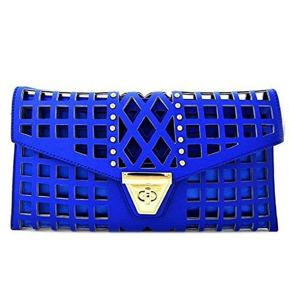 2Chique Boutique Women's Laser Cut Out Gold Studded Clutch (Blue)