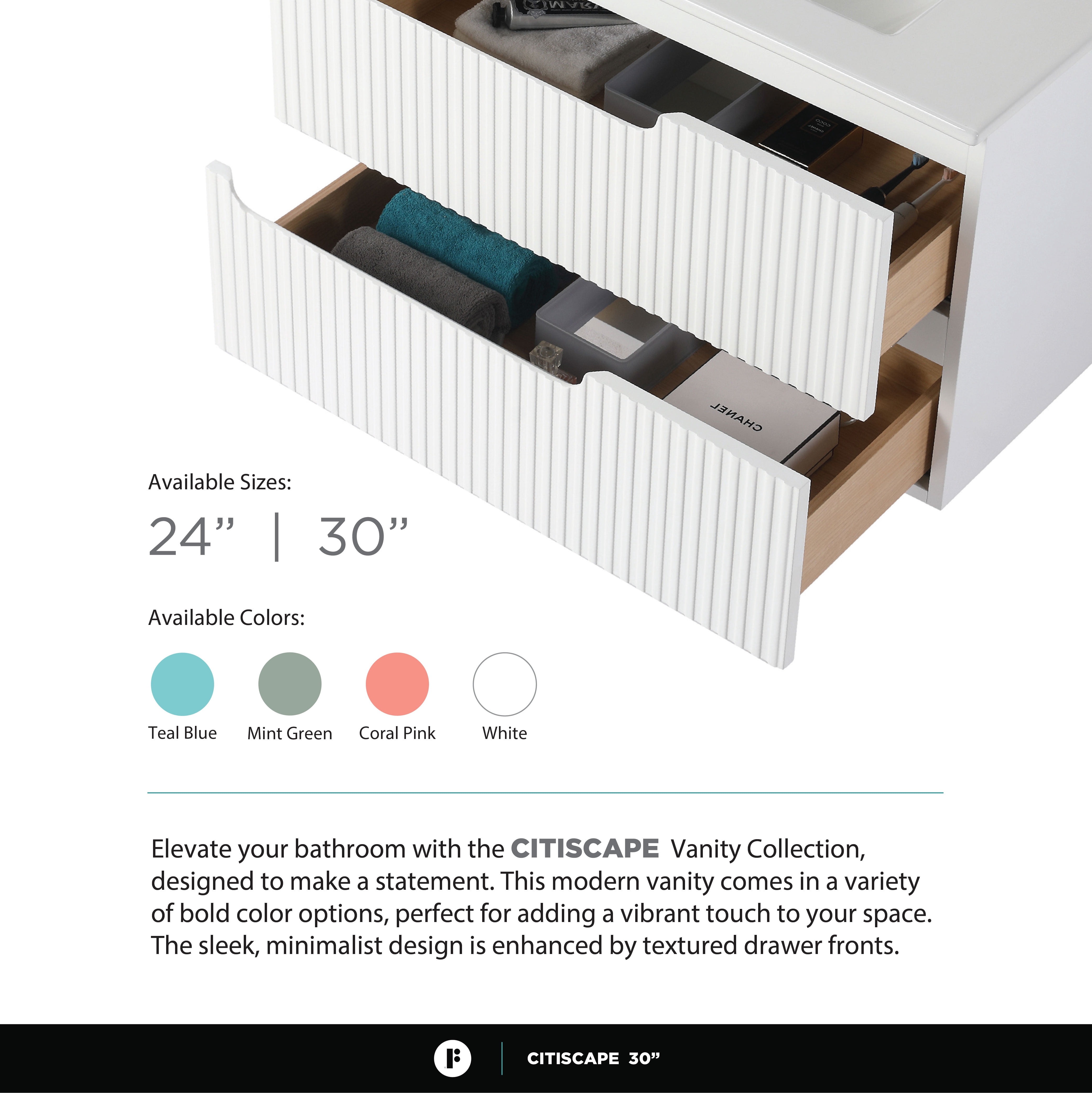 Citiscape Modern Bathroom Vanity with Textured Drawer Fronts 30" Wide - White - Sink Included