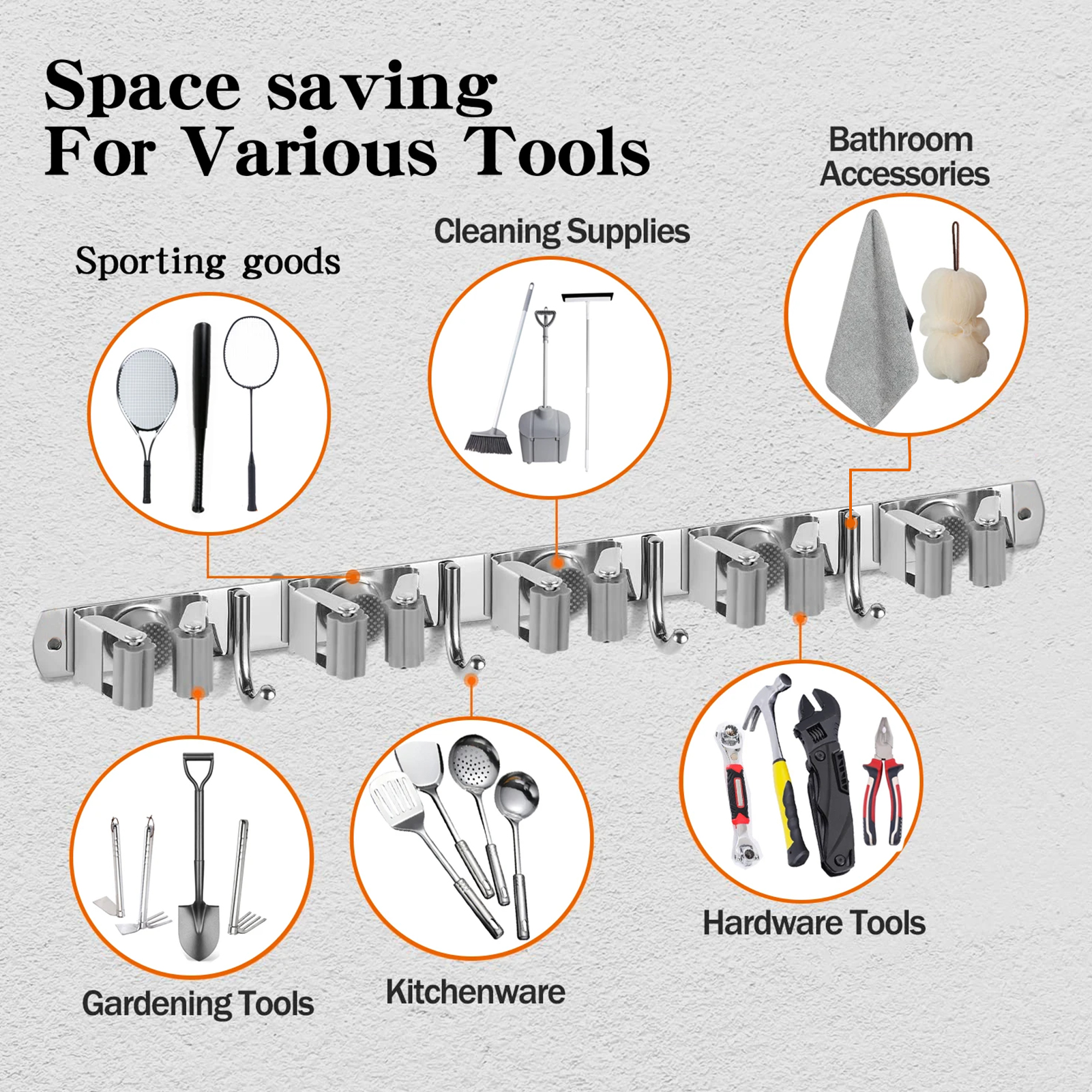 Fabulas Broom Holder Wall Mount, 5 Racks 4 Hooks, Stainless Steel photo 7