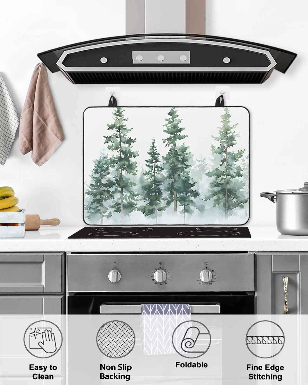 nqOlkjepod Large Induction Cooktop Protector Mat 36"x21", Green Ombre Forest Stove Top Covers for Electric Stove, Watercolor Trees Sage Green Stove Burner Cover Mats, Glass Top Stove Cover