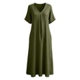 thumbnail image 5 of Cotton Linen V Neck Maxi Dress Womens A-Line Flowy Casual Short Sleeve Loose Fitting Summer Daily Wear with Pockets Green M, 5 of 9