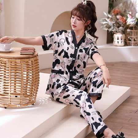 

DanceeMangoo 2 Piece Women Set Spring Summer Short Sleeve Pajamas for Woman Silk Fashion Sleepwear Cows Print Satin Pajama Set Long Pant