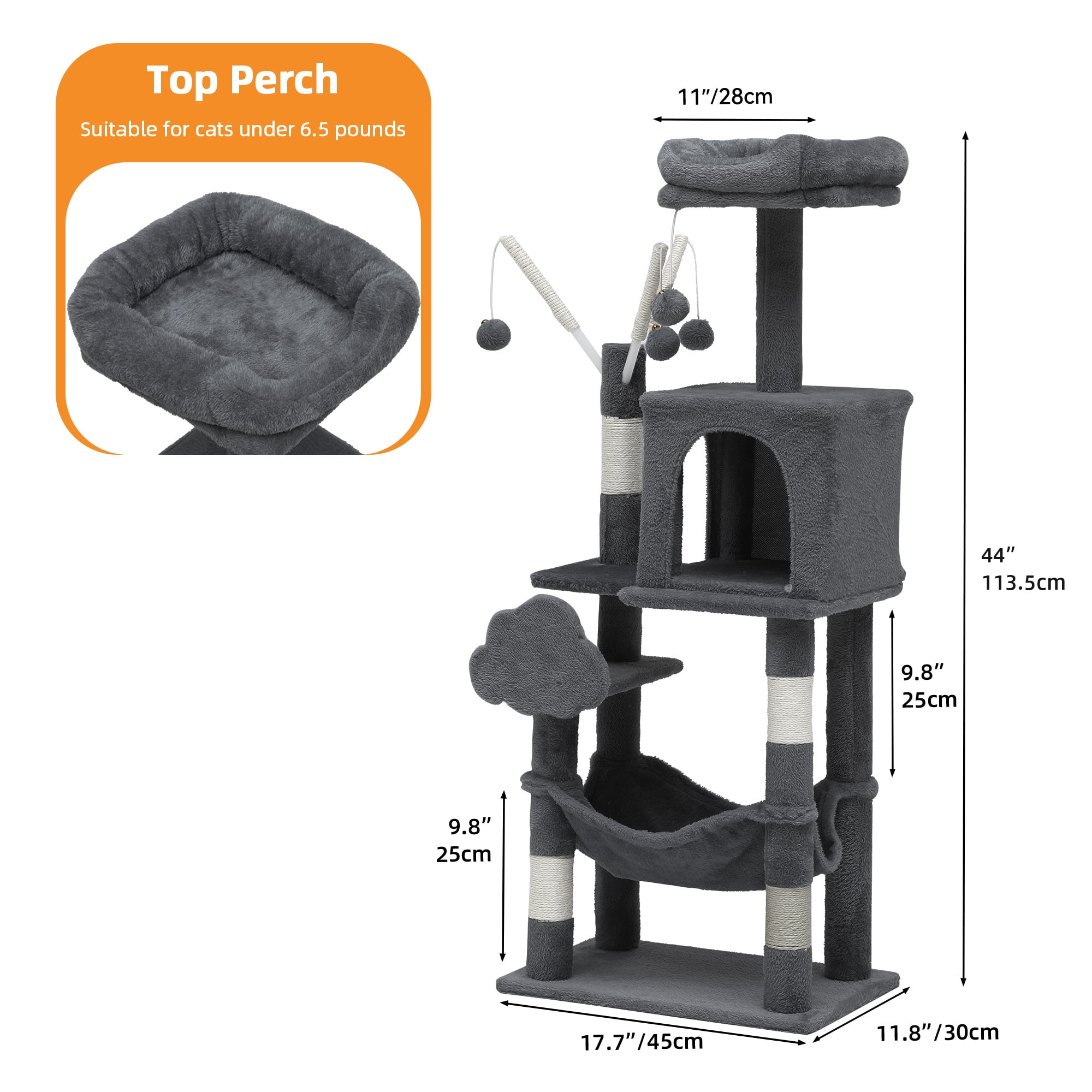 Uforic Cat Tree Condo 44" with Scratching Posts & Comfortable Hammock,Indoor  Cat Tower for Young Cats, Pet Play Center,Dark Gray