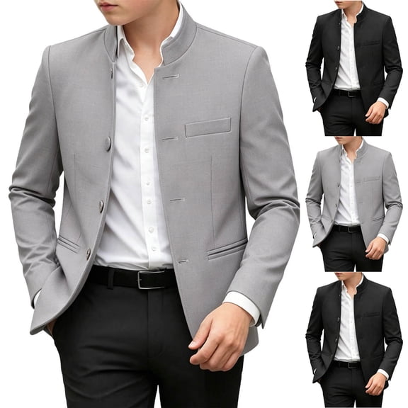 FRSASU Boys Blazer Suit Jacket formal Slim Fit Stand Mandarin Collar Lightweight Lined Wedding Casual Jacket Gray