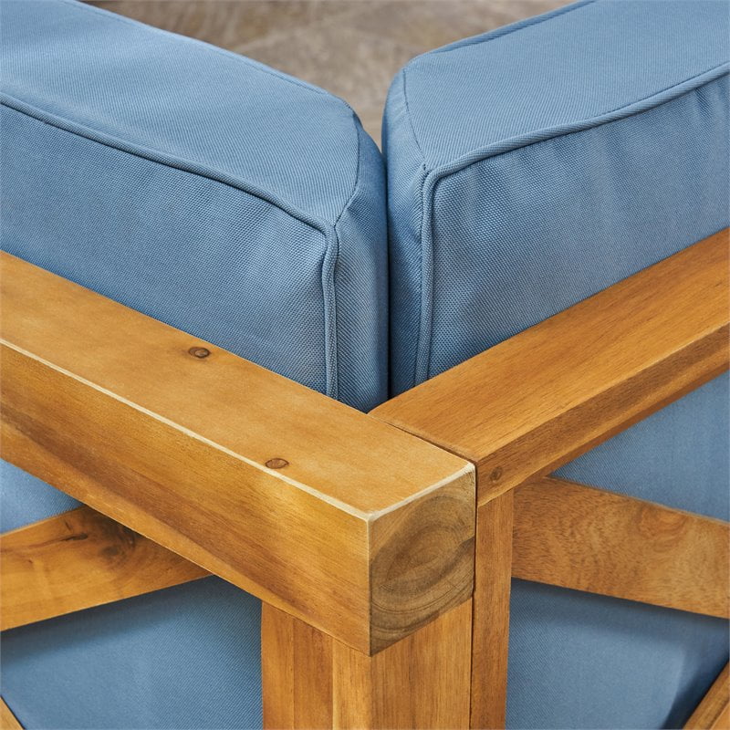 Elisha Outdoor 7 Piece Acacia Wood Sectional Sofa Set with Cushions and Fire Pit, Teak, Blue, Light Gray