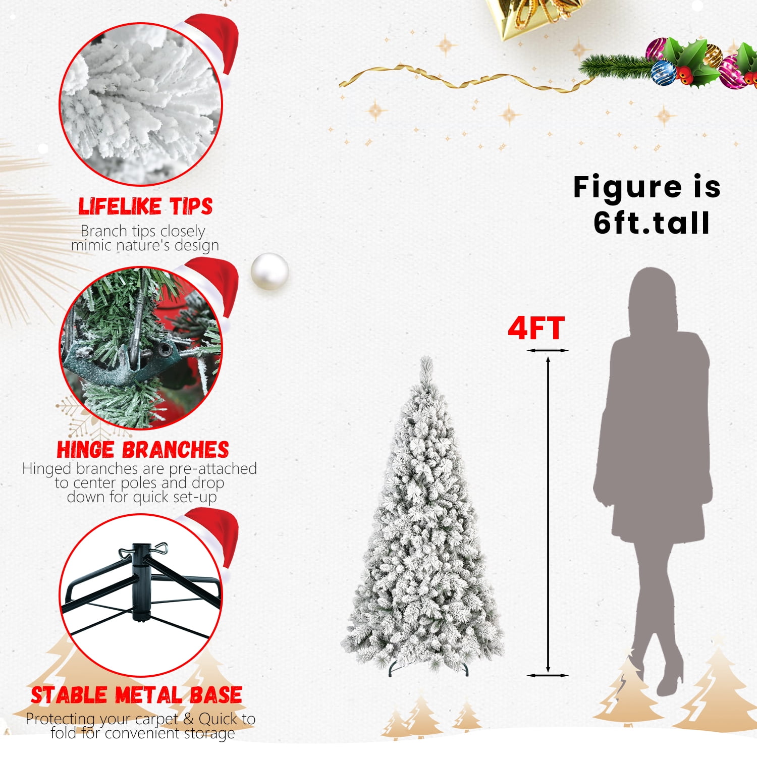 Euroco 9FT Flocked Christmas Tree with 1964 Tips – Snowy PVC & Hard Needle Branches, Hinged Structure for Easy Setup, Stable Metal Stand – Realistic Full-Body Holiday Tree