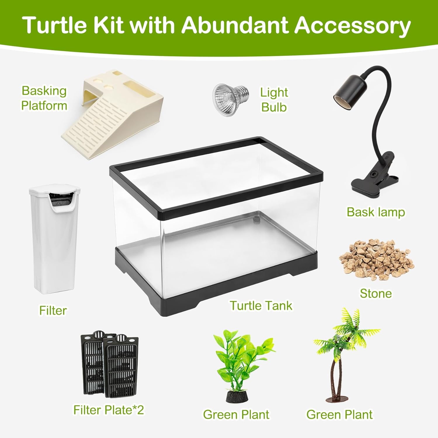 Turtle Tank Kit,PC Small Red Eared Slider Aquarium,Aquatic Baby Tortoise Habitat for Fishes and Amphibians,Include Filter*1,Filter Plates*2,Plants*2,Lamp*1,Bulb*1,Stone*1,Basking Platform*1