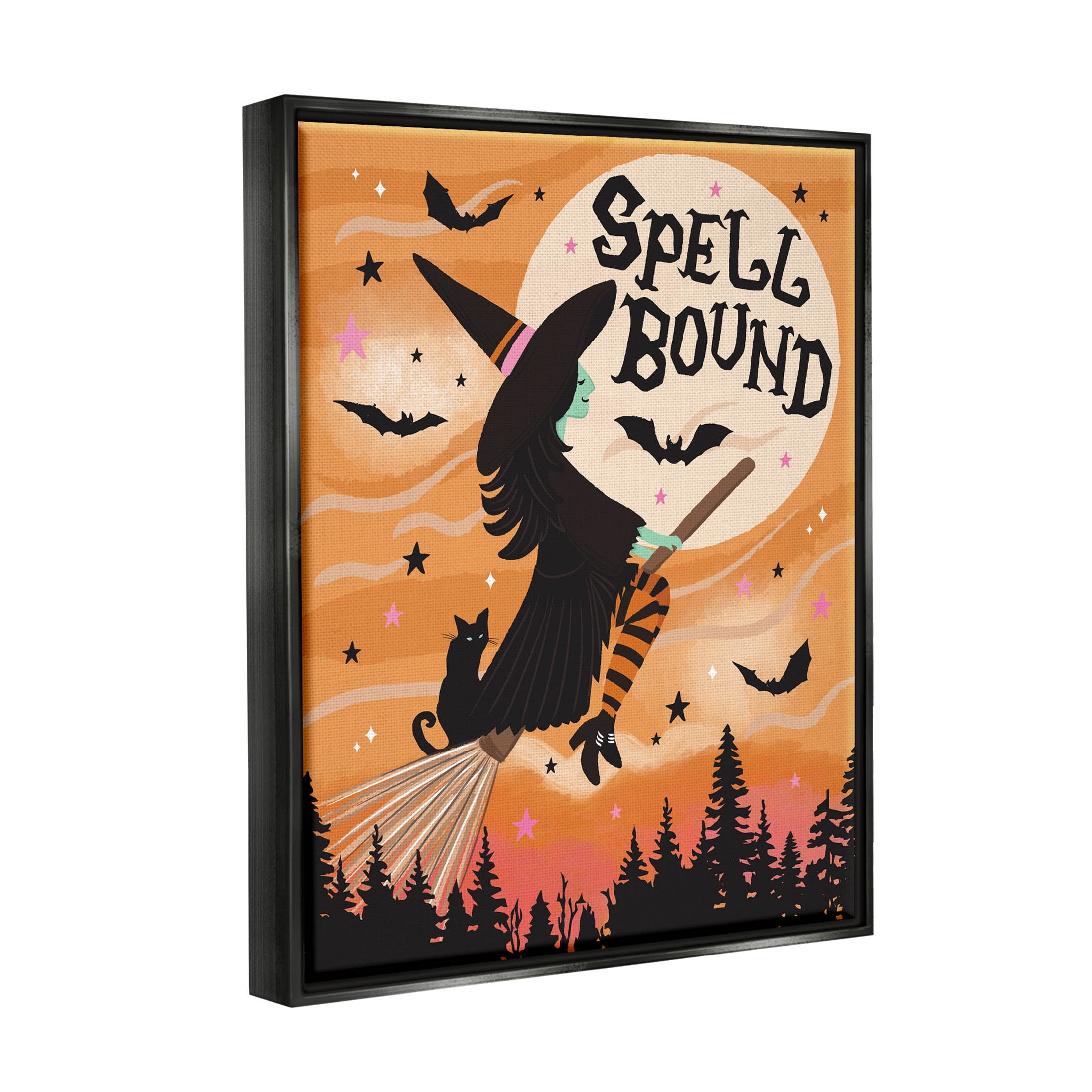 Spell Bound Witch Flying Moonlit Sky Holiday Graphic Art Jet Black Framed Art Print Wall Art