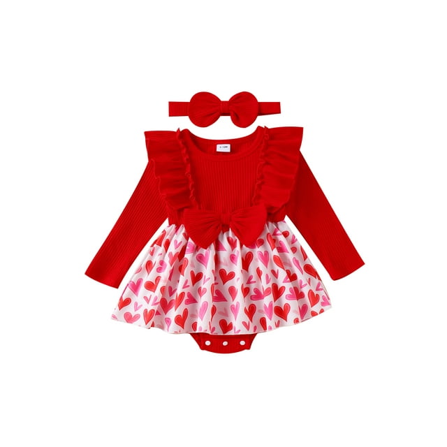 xiaxaixu Ensemble de 2 Pcs pour Bébé Fille avec Robe à Volants Imprimé Cœur Manches Longues + Bandeau Nœud 3D