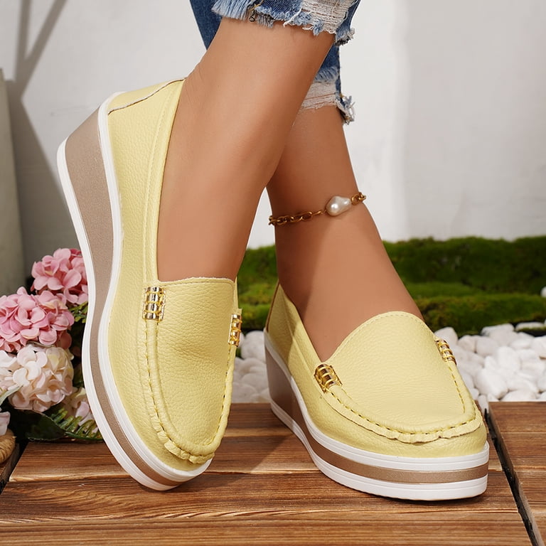 ladies yellow dress shoes Mostsola Loafers for Women Round Toe Leather Platform Wedges Casual Slip on Business Work Dress Shoes Ladies Comfy Walking Shoes Yellow Size 8.5,