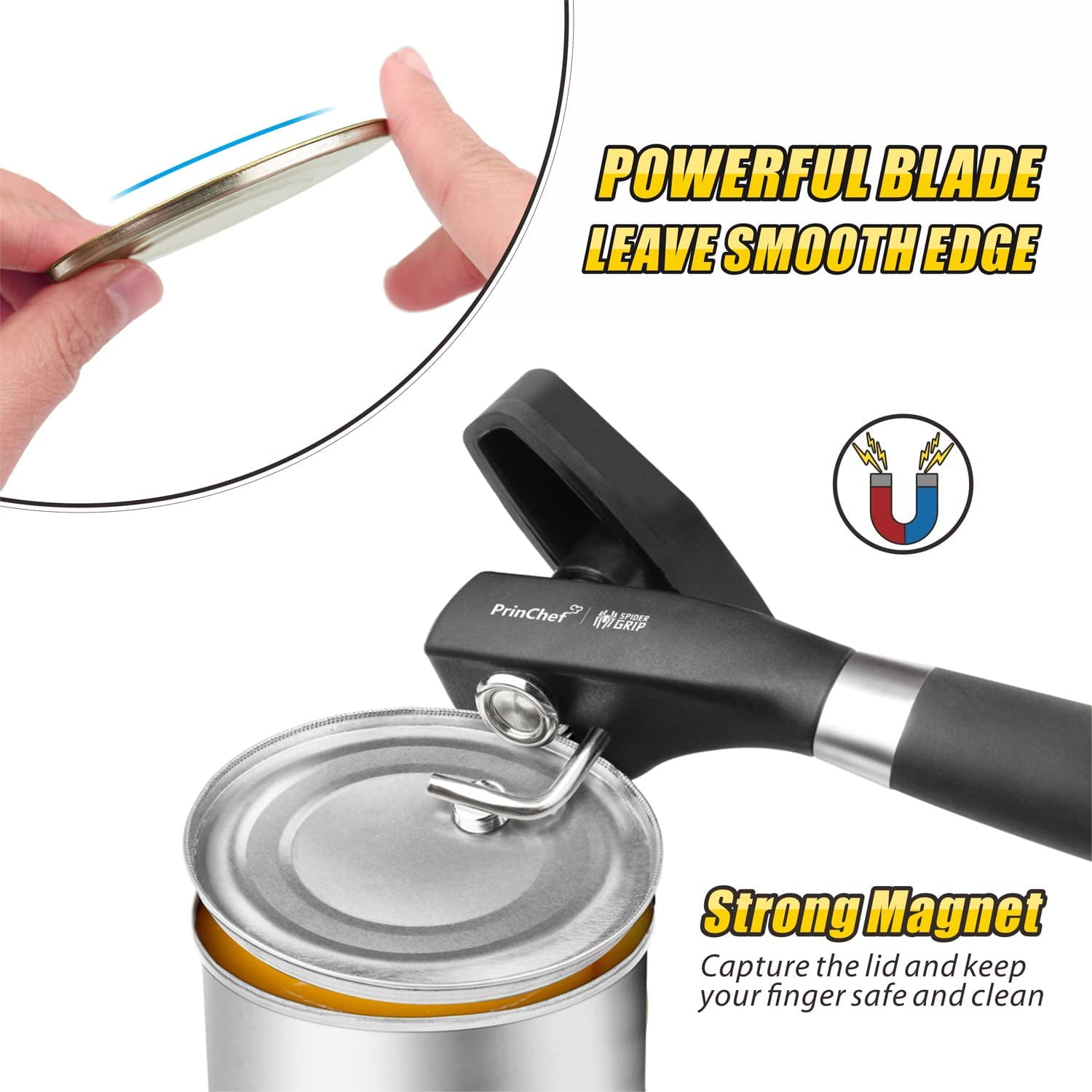  PrinChef Safety Can Opener Smooth Edge, Built-in Bottle Opener, Rust Proof Can Opener Manual, with Sharp Blade