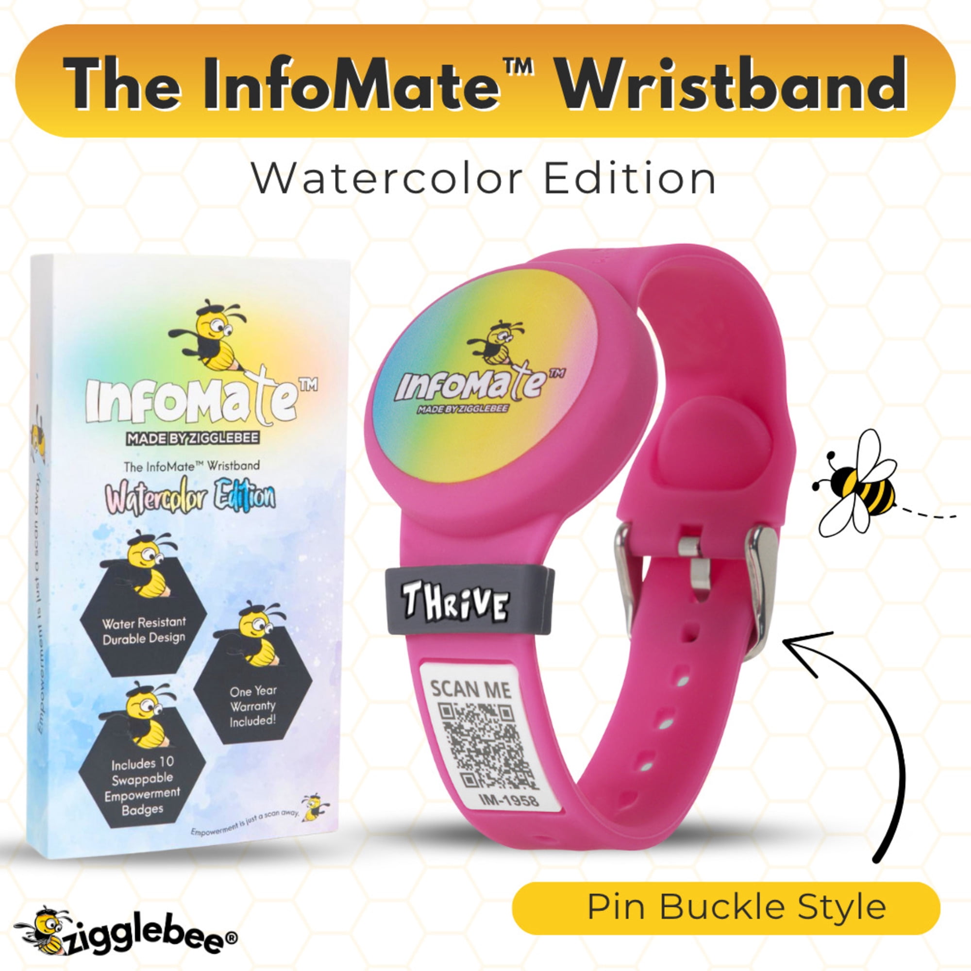 InfoMate by Zigglebee QR Code Medical Bracelet and AirTag Holder Wristband, Hot Pink, Pin Buckle