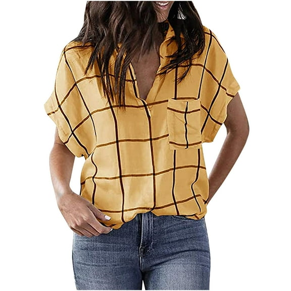 Womens Summer V Neck Plaid Shirts Short Sleeve Collared Basic T Shirts Tops Loose Comfy Work Casual Blouses with Pockets