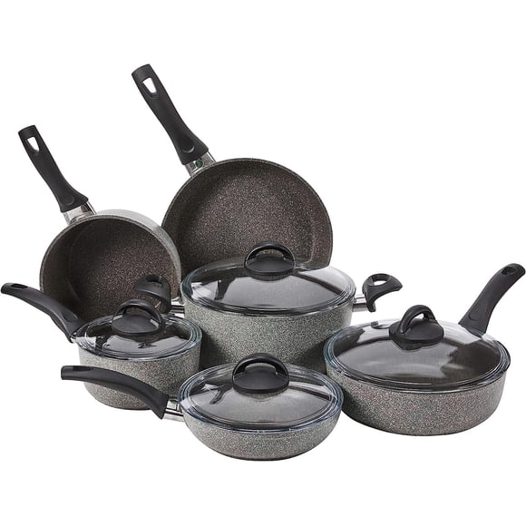 BALLARINI Parma by HENCKELS Juego de ollas y sartenes antiadherentes de 10 piezas, fabricado en Italia, el juego incluye sartenes, cacerolas, sartén para saltear y horno holandés con tapa, gris